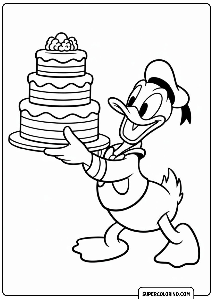 Donald Duck bereitet eine Geburtstagstorte vor.