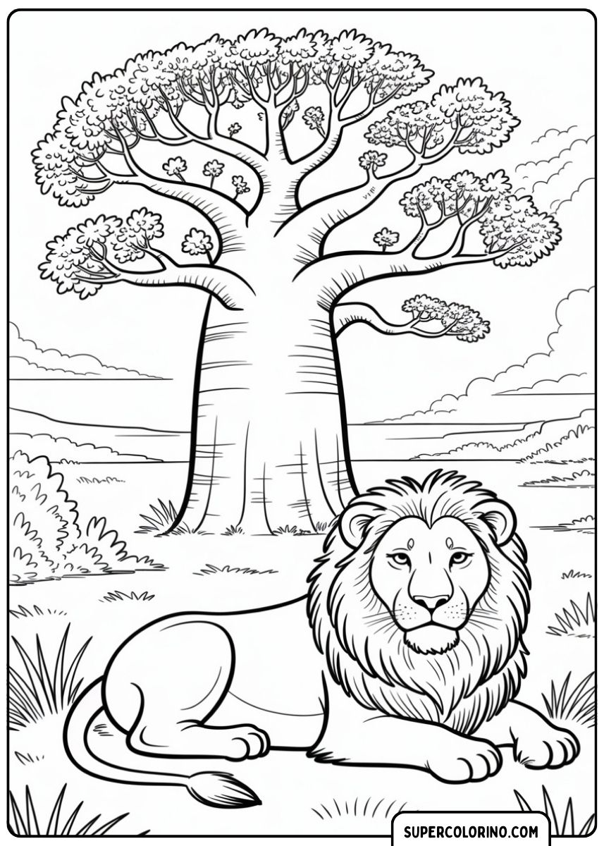 Ausmalbild: Löwe ruht unter einem Baum