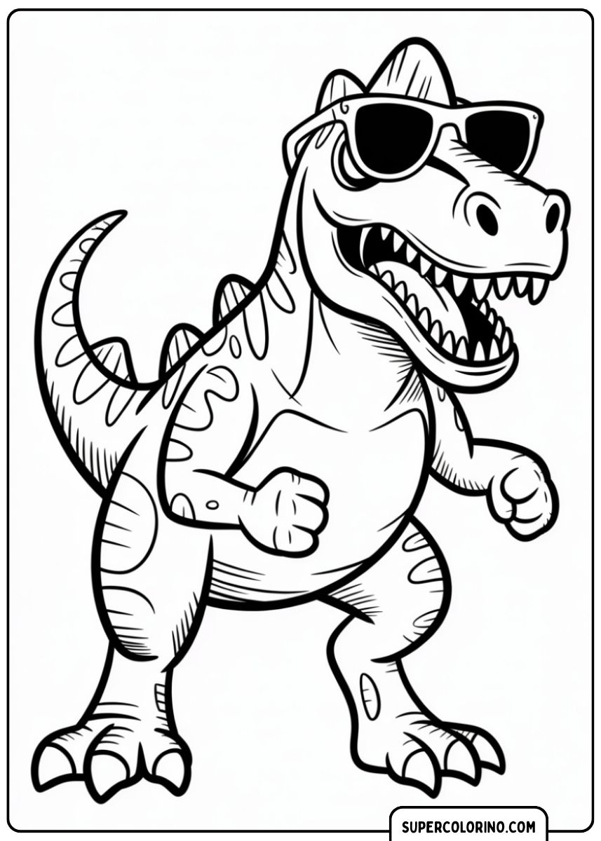 Kleurplaat van een dinosaurus met bril.