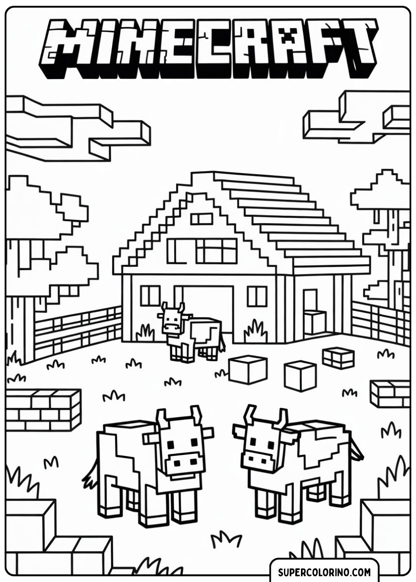 Minecraft-Farm mit Feldern und Tieren.