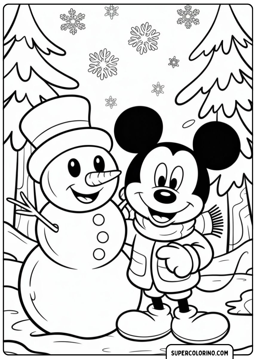 Coloriage de Mickey Mouse avec bonhomme de neige.