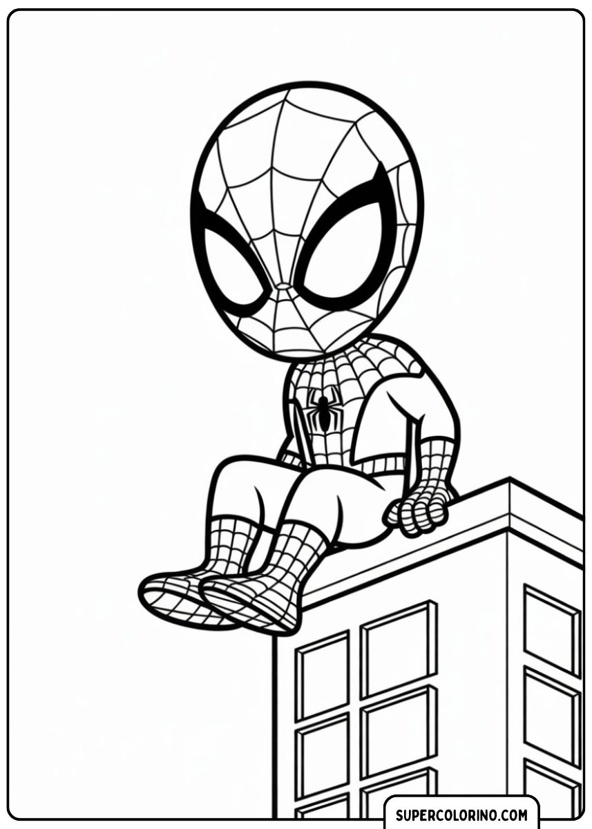 Spider-Man super mignon de style Chibi assis sur un bâtiment.