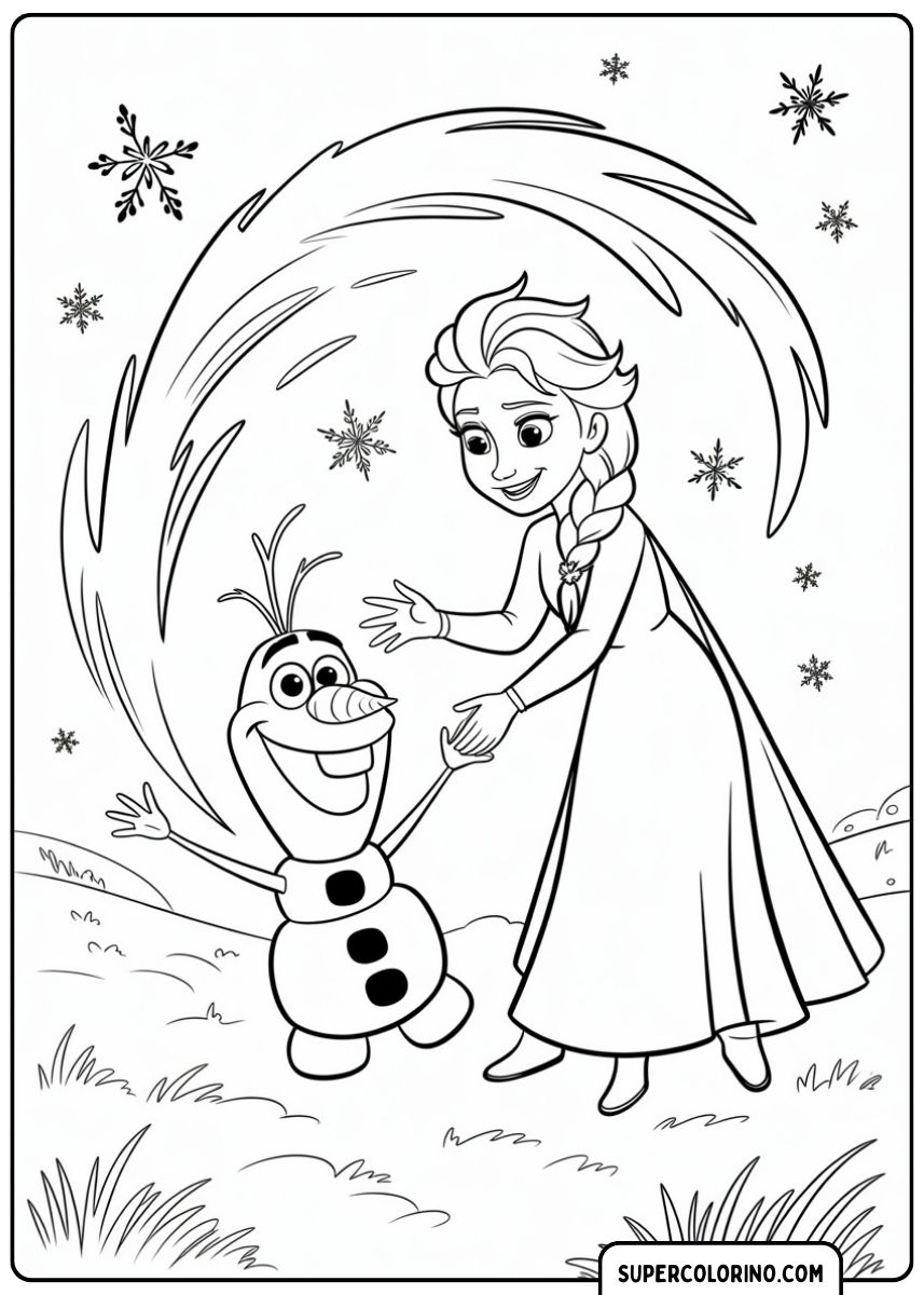 Elsa lacht und spielt mit Olaf, während ein Schneegestöber sie umgibt.