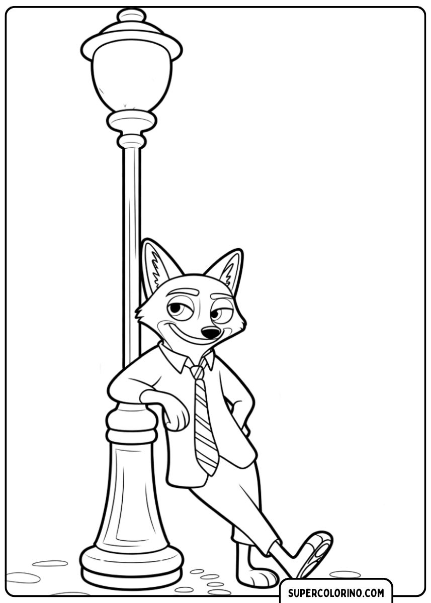 Coloriage Renard Nick Wilde (Zootropolis) en costume, nonchalamment appuyé contre un lampadaire.