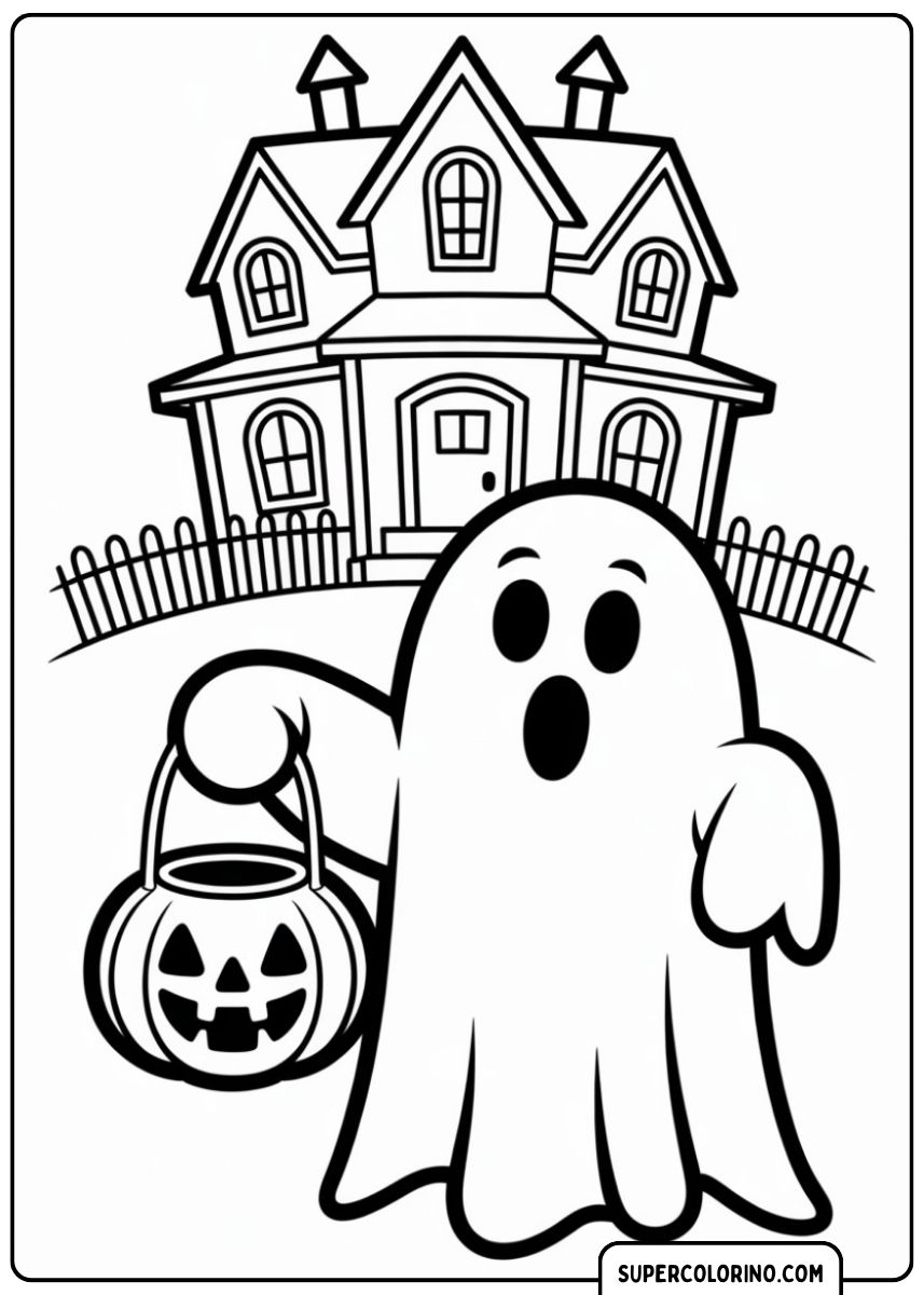 Geist hält einen Kürbiseimer (Jack O'Lantern) vor einem Spukhaus.