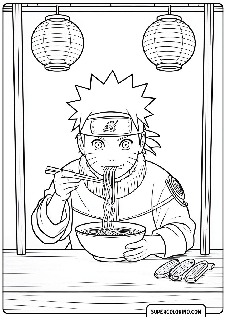 Der Charakter Naruto isst Ramen mit einem glücklichen Lächeln
