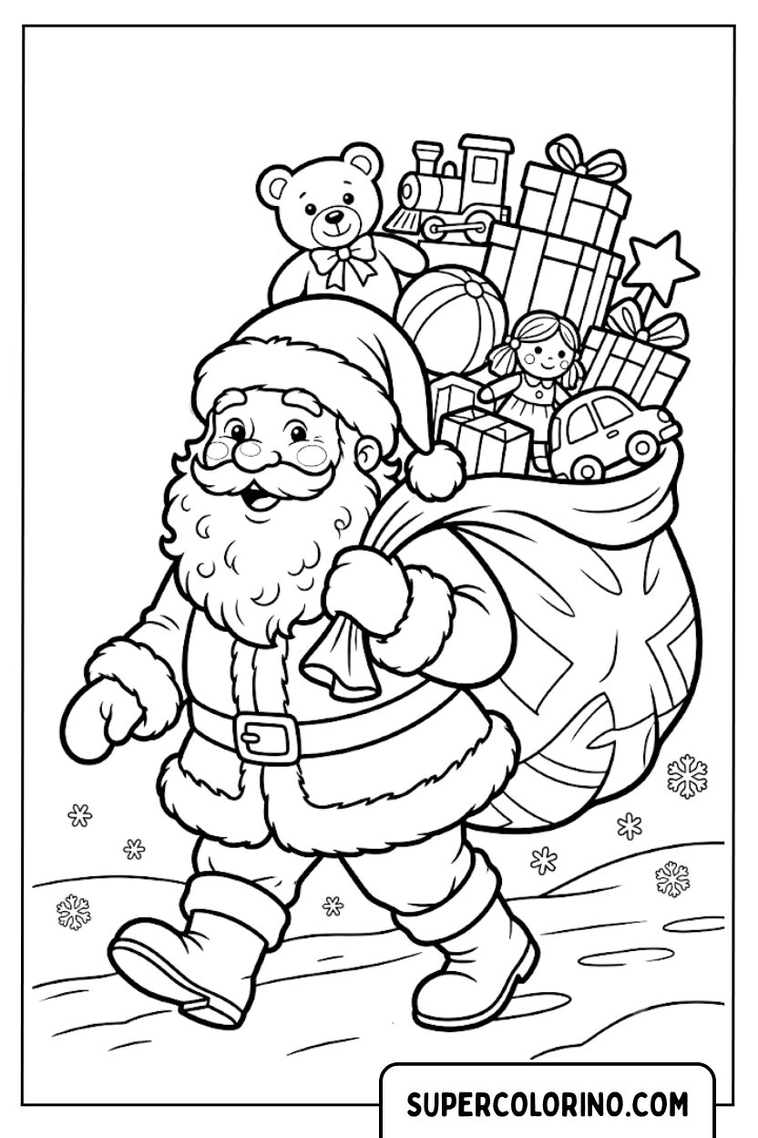 Colorare Babbo Natale che cammina con un sacco pieno di giocattoli