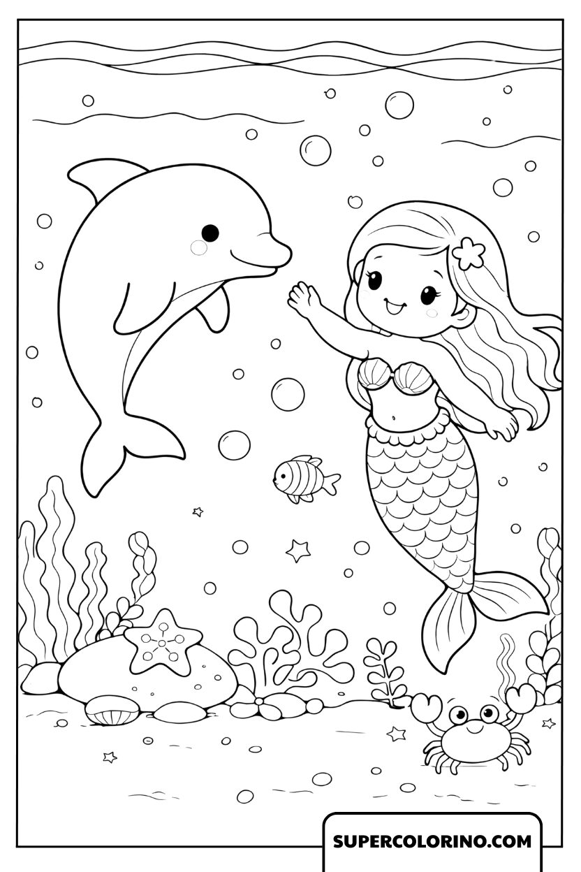 Coloriage Dauphin et Petite Sirène