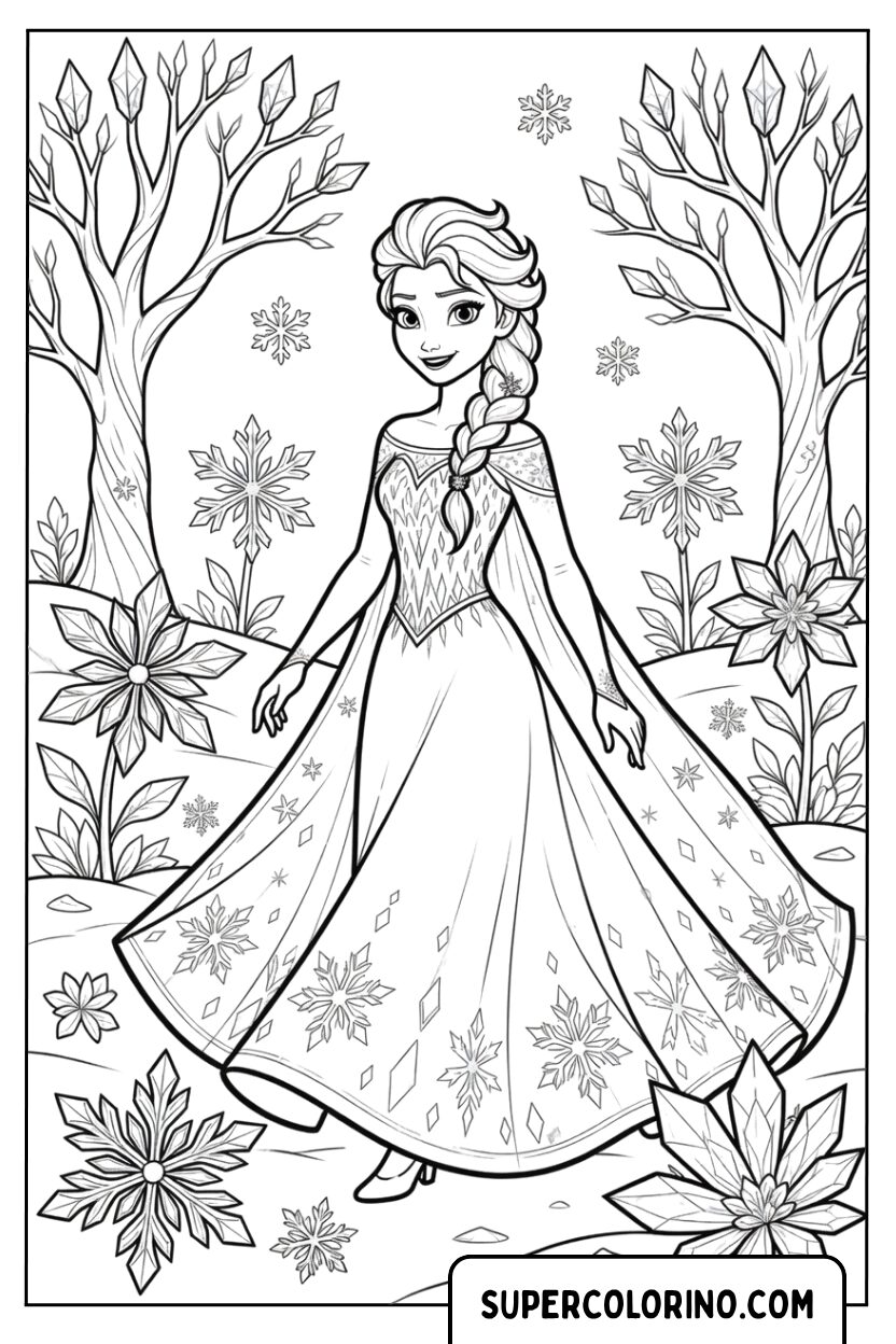 Colorare Elsa che cammina nel bosco incantato d inverno