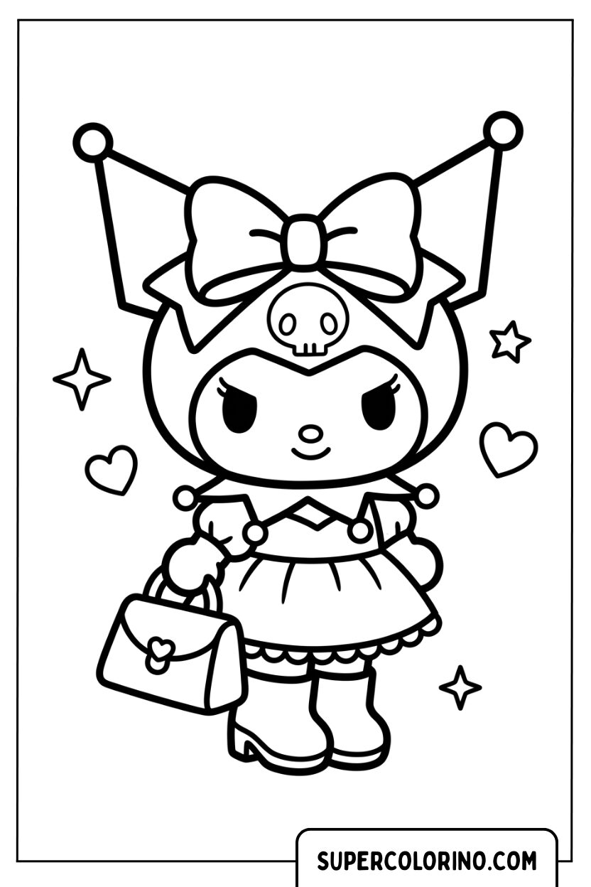 Colorare Kuromi con un grande fiocco e la borsa da sera