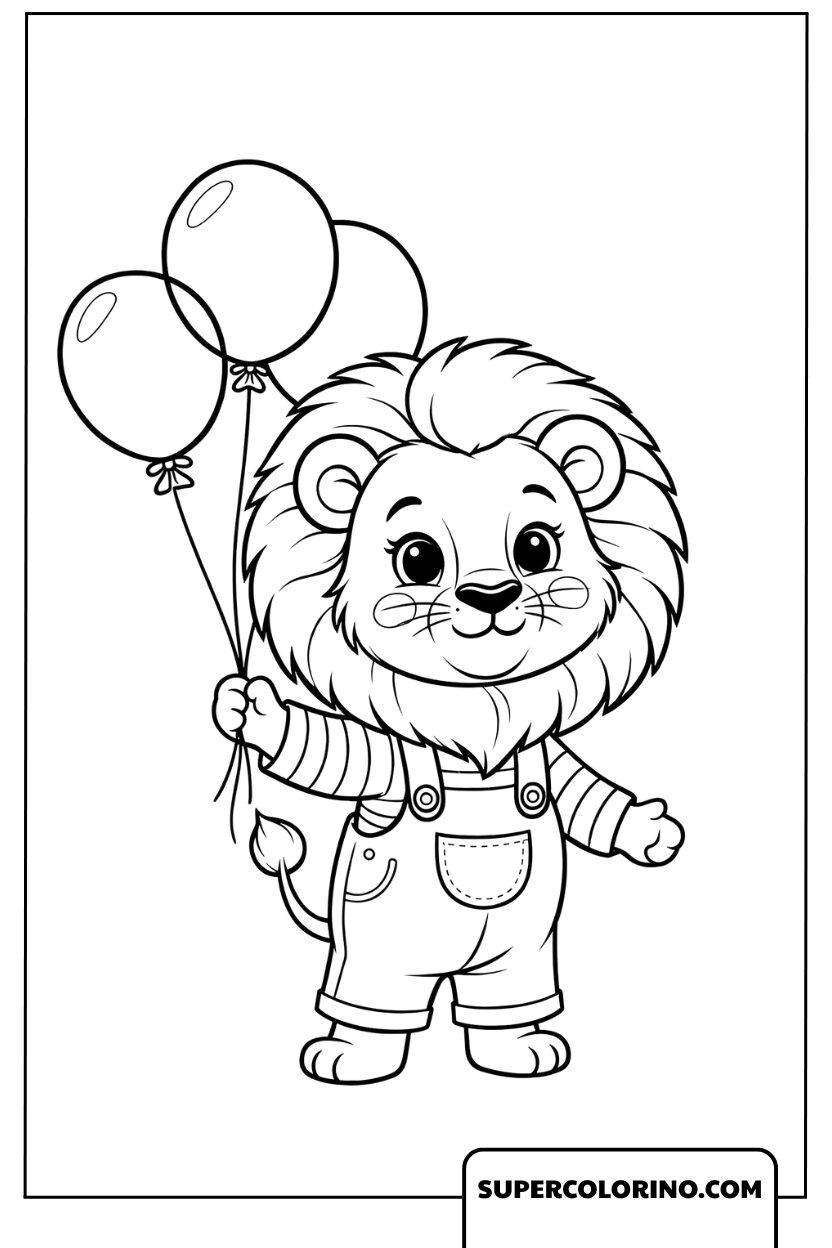 Niedlicher Löwe mit Luftballons zum Ausmalen