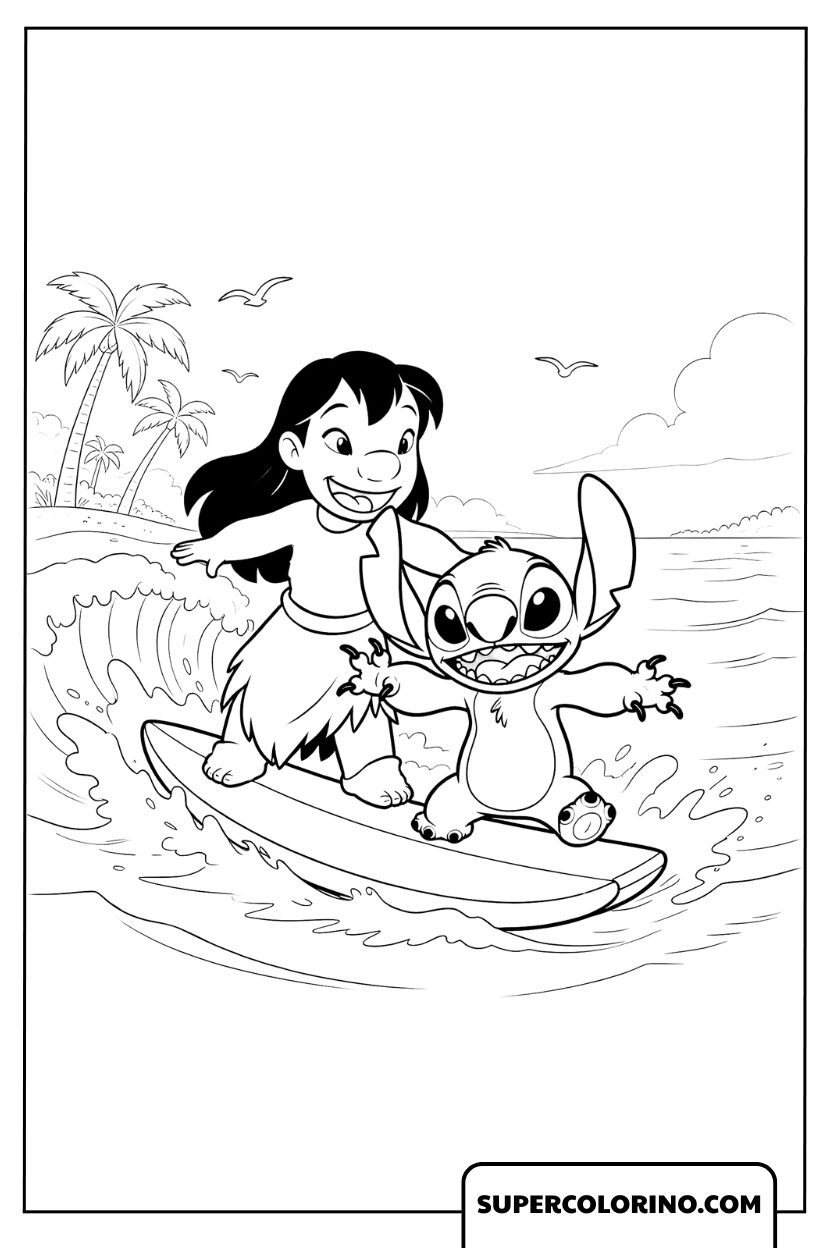 Coloriage Lilo et Stitch Surf