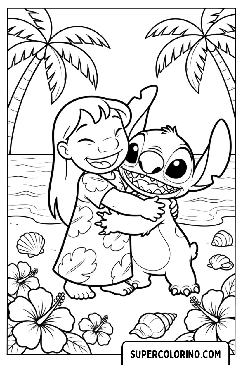 Colorare Lilo e Stitch che si abbracciano teneramente sulla spiaggia