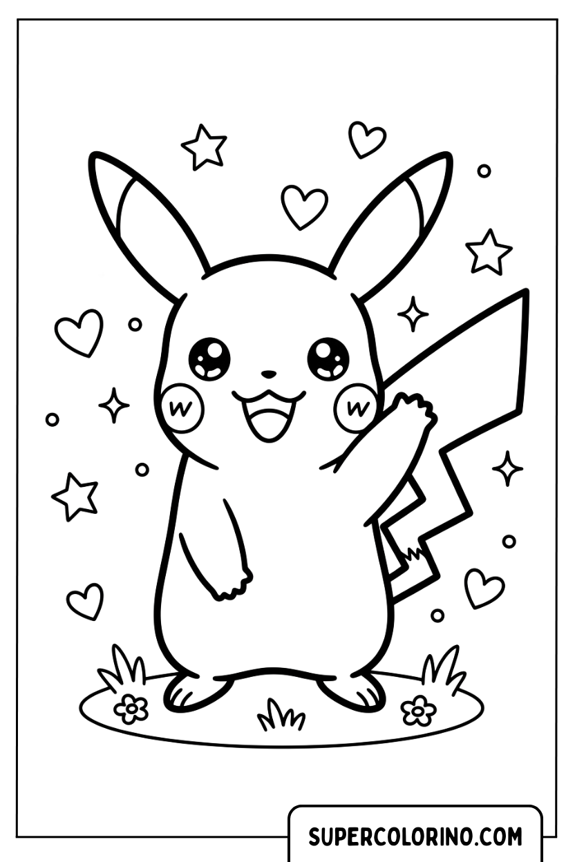 Colorare Pikachu carino che saluta con la zampa