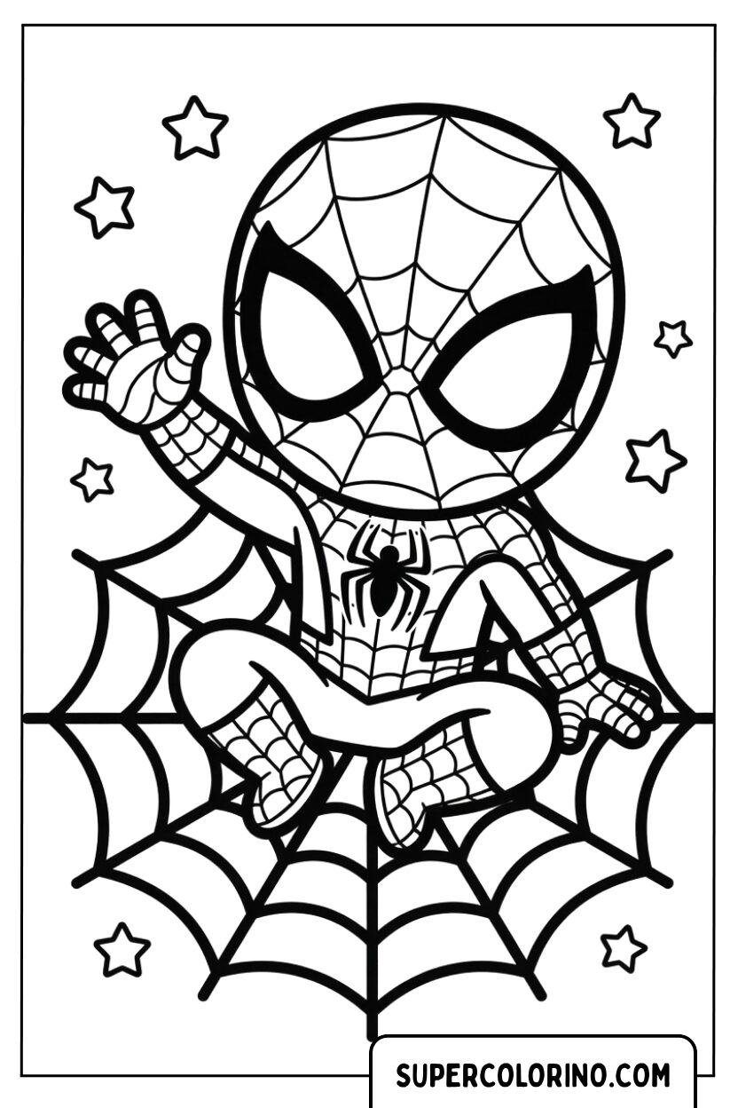 Colorare Spiderman in stile chibi seduto sulla ragnatela