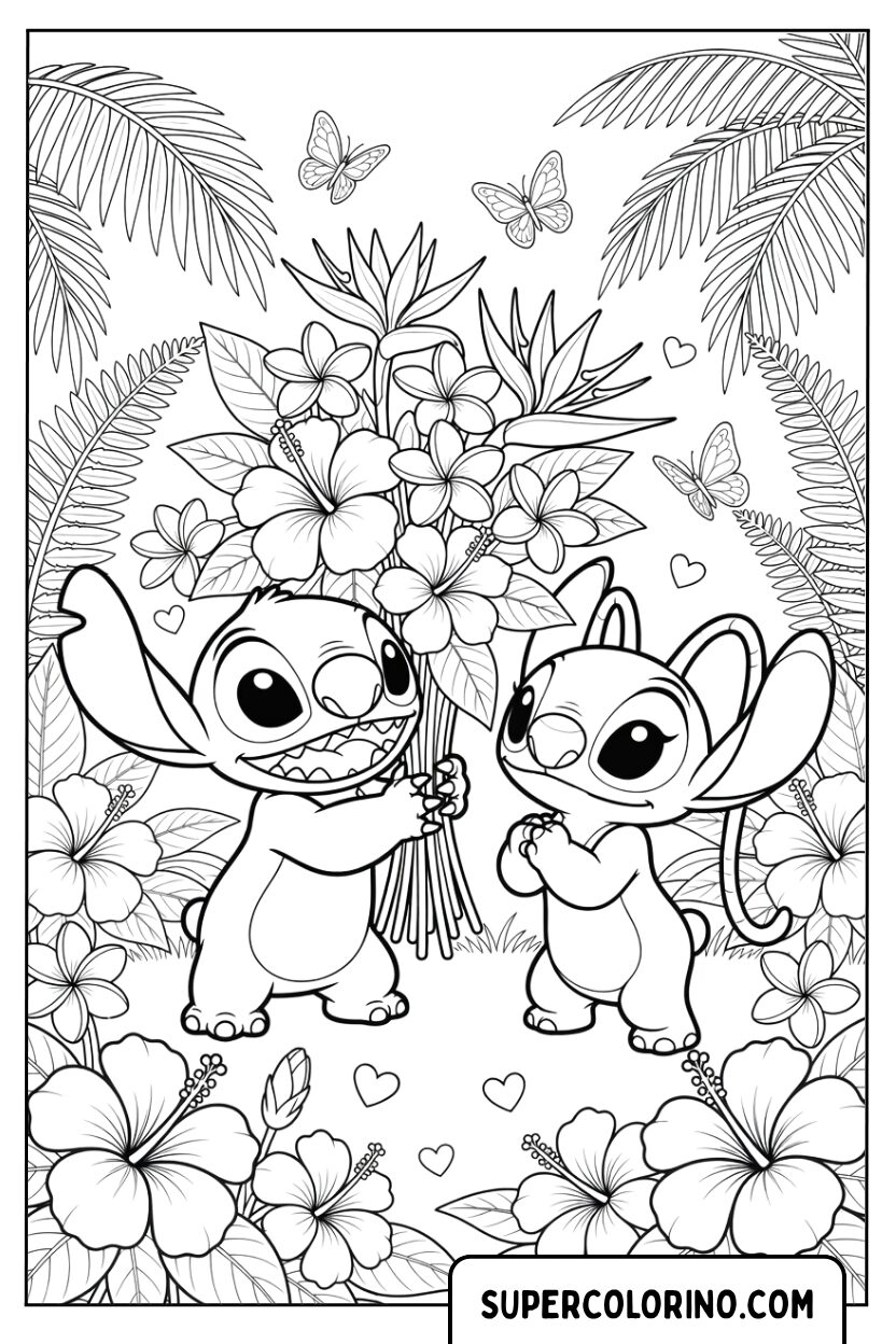 Colorare Stitch che regala un grande bouquet di fiori a Angel