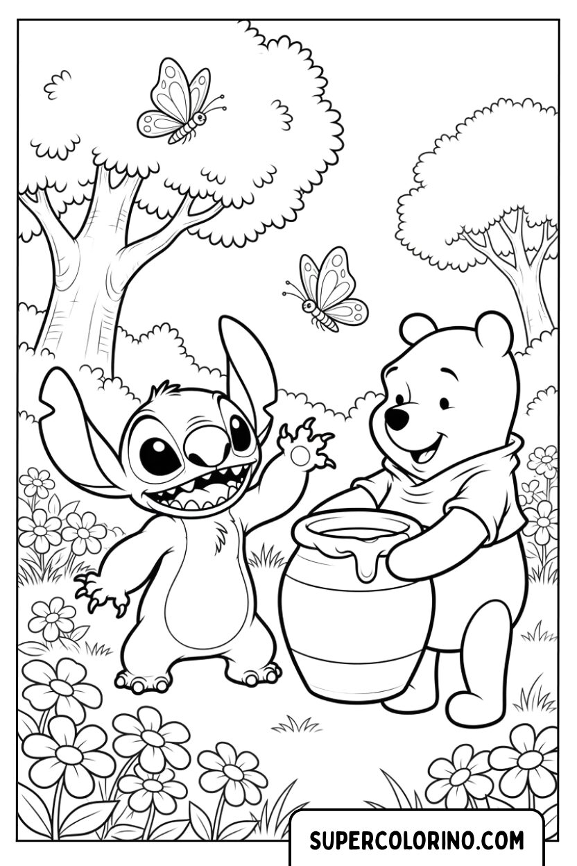 Stitch und Winnie Puuh Ausmalbild im Wald mit Honig