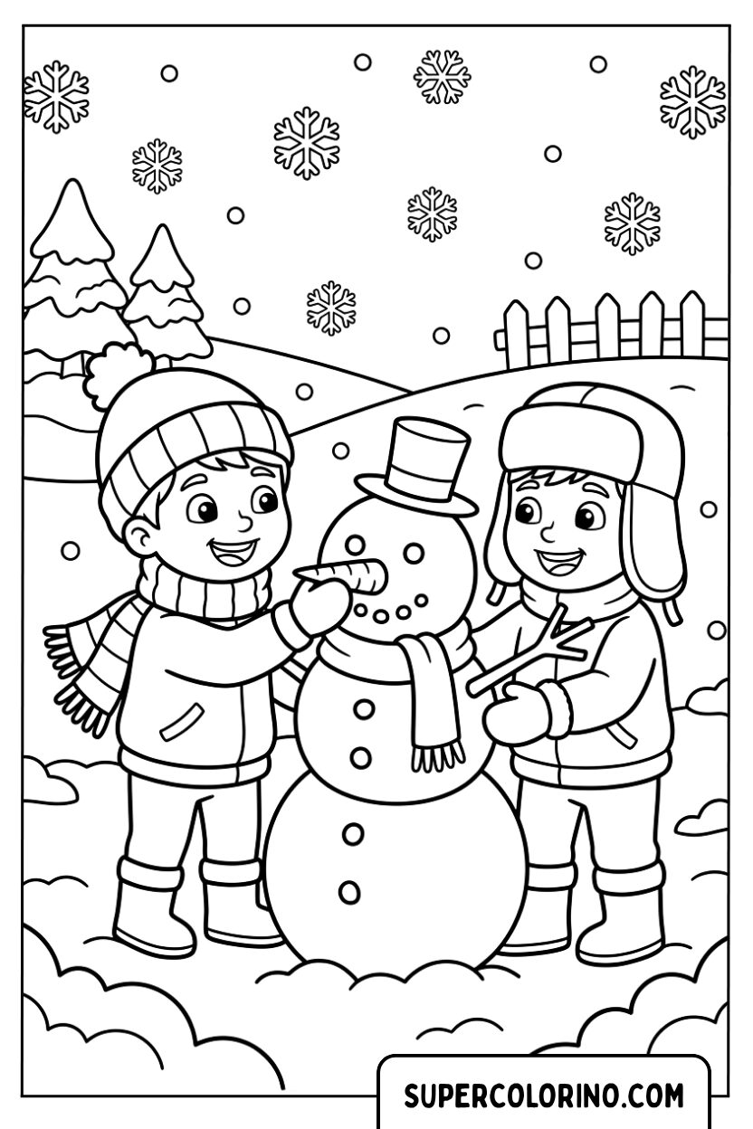 Colorare i bambini che costruiscono un pupazzo di neve in inverno