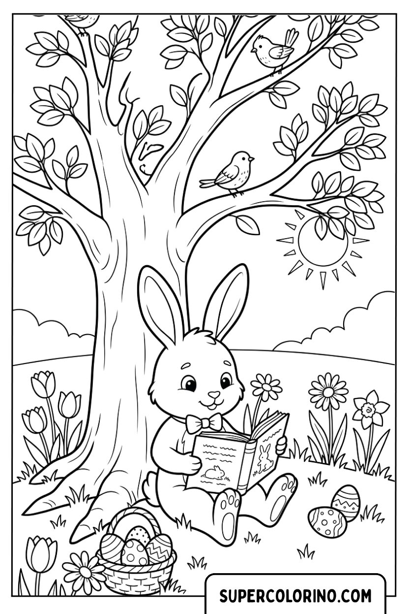 Colorare il coniglietto di Pasqua che legge un libro di storie sotto un grande albero