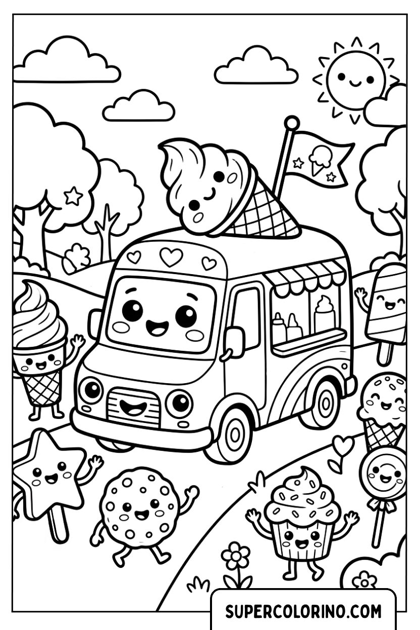 Colorare il furgone dei gelati kawaii nel parco