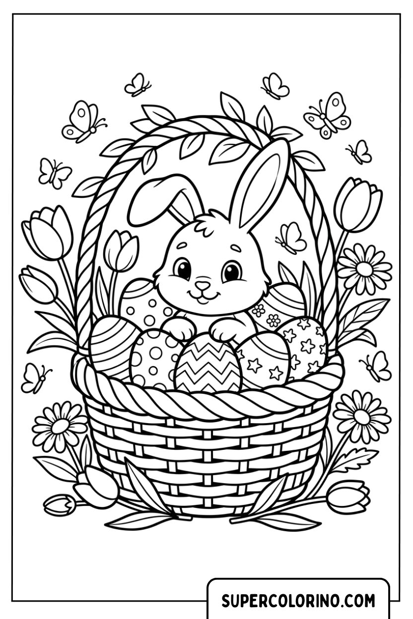 Colorare il piccolo coniglio dentro un cesto pieno di uova di Pasqua decorate e fiori