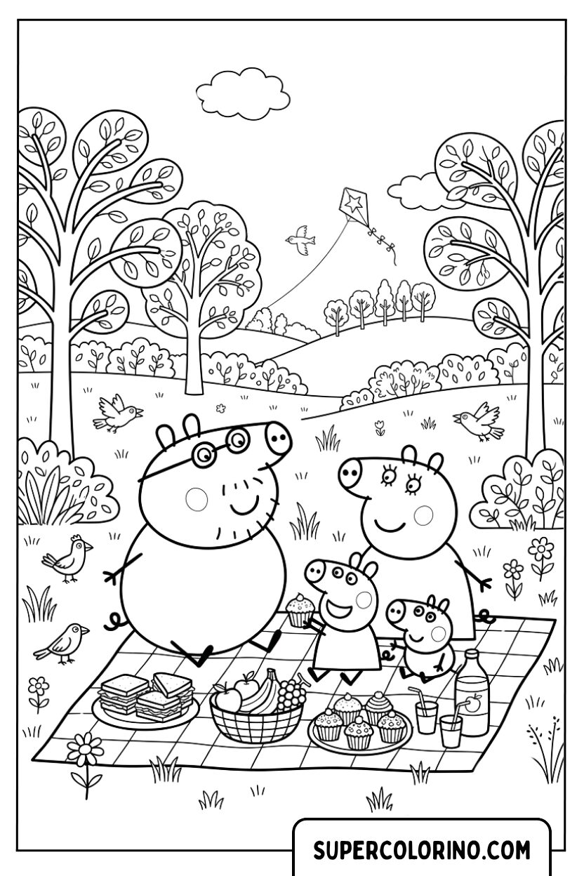 Colorare la famiglia di Peppa Pig durante un pic nic nel parco