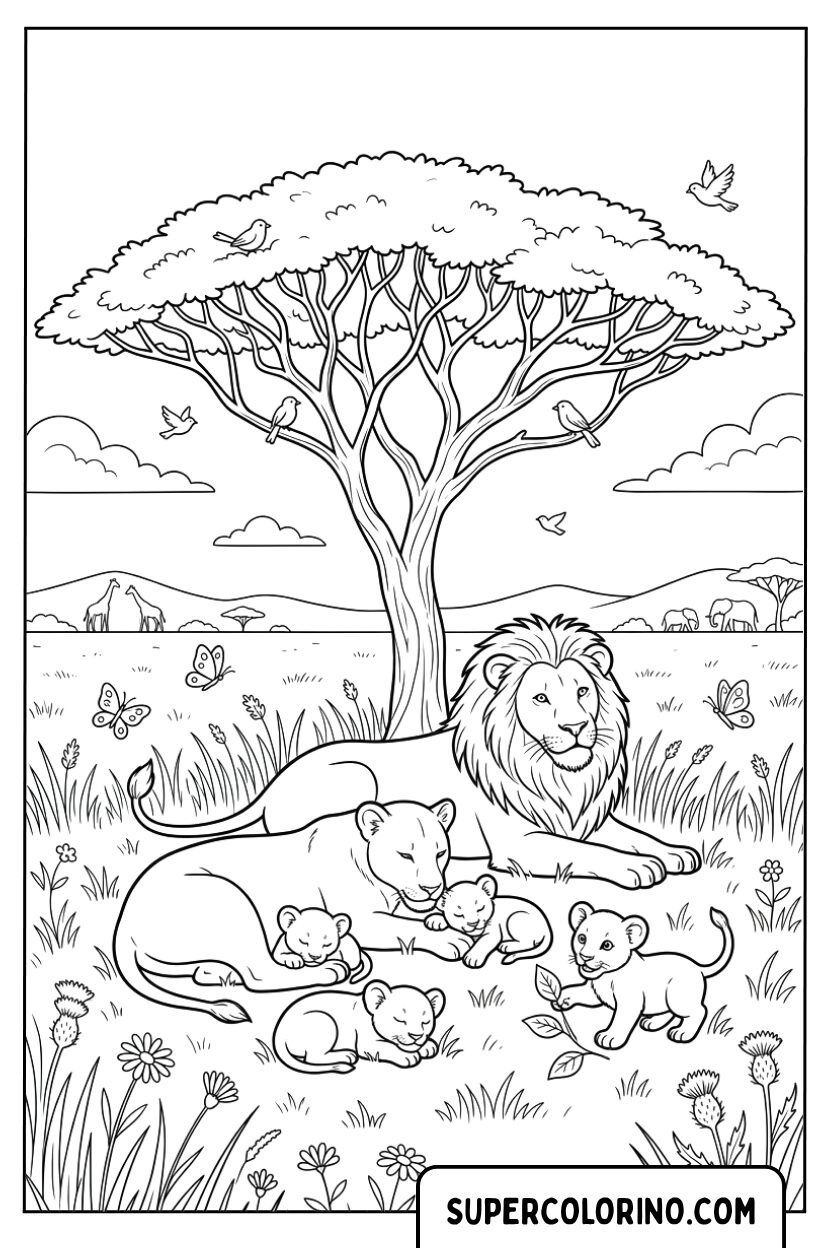 Colorare la famiglia di leoni che si riposa sotto l albero