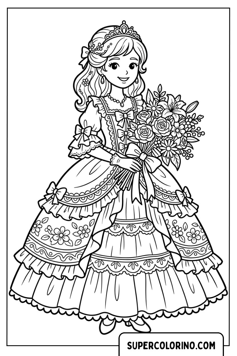 Colorare la principessa con un vestito a balze e un bouquet di fiori