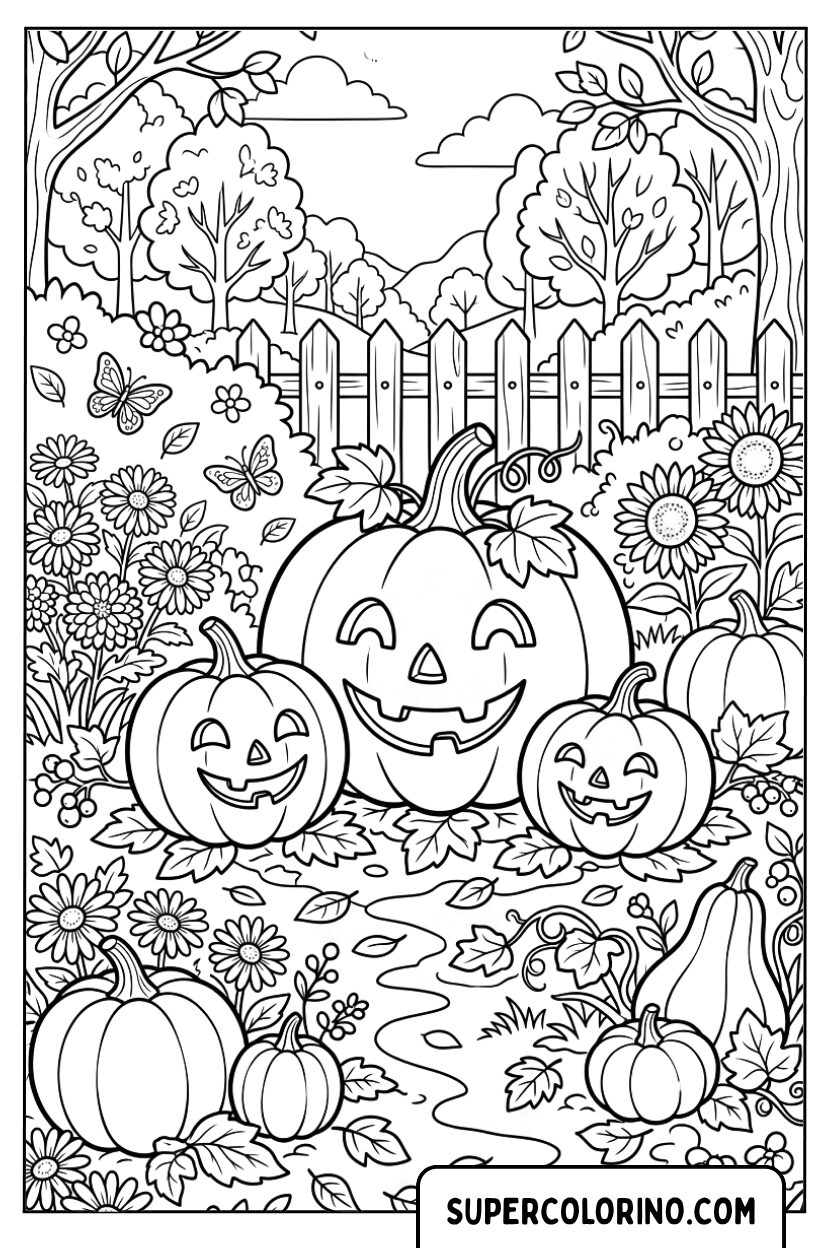 Colorare le zucche di Halloween sorridenti nel giardino