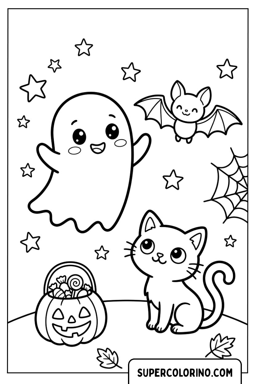 Colorare un fantasma carino con un gattino e un pipistrello