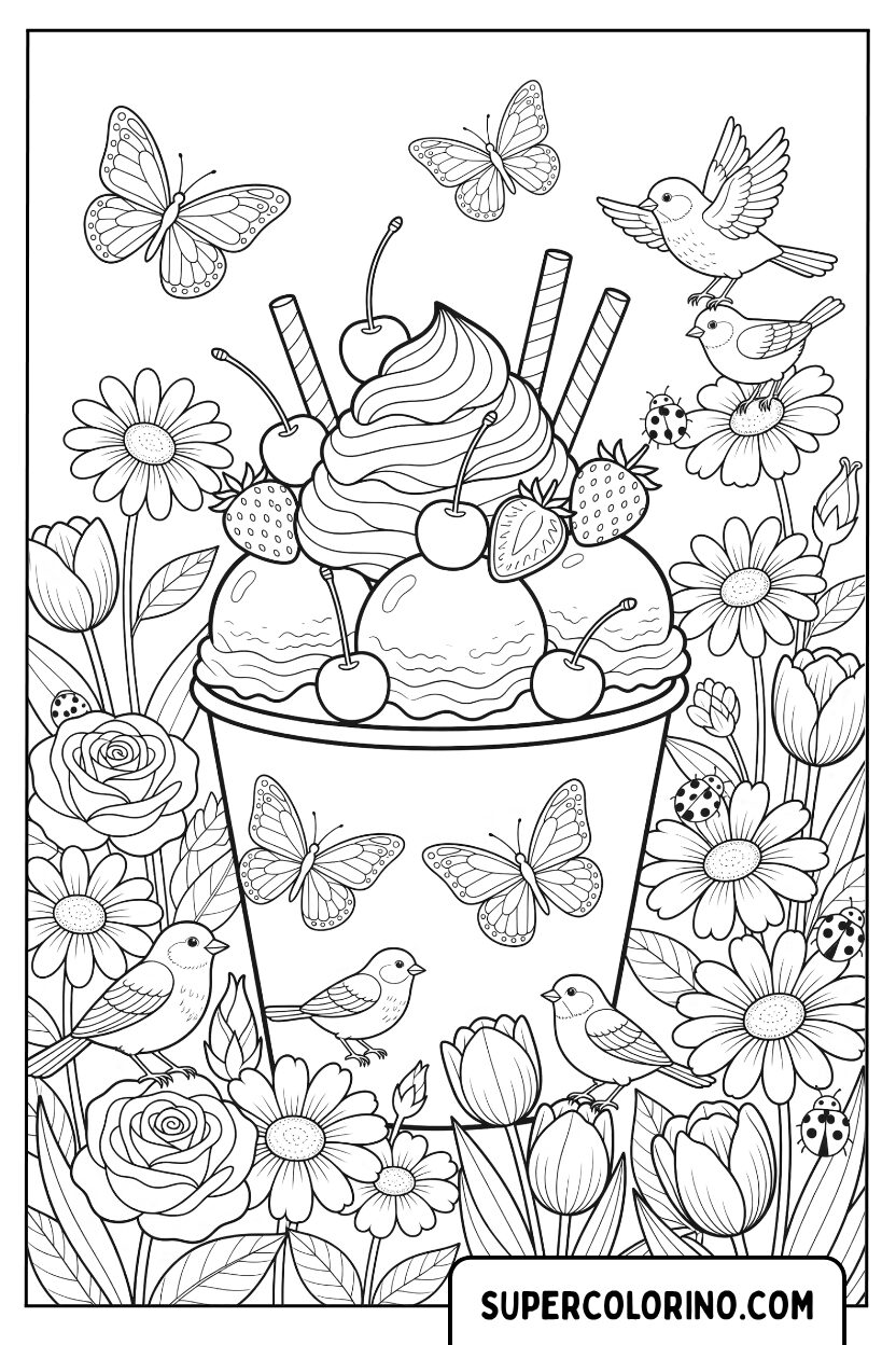 Colorare un grande gelato con frutta e farfalle in giardino