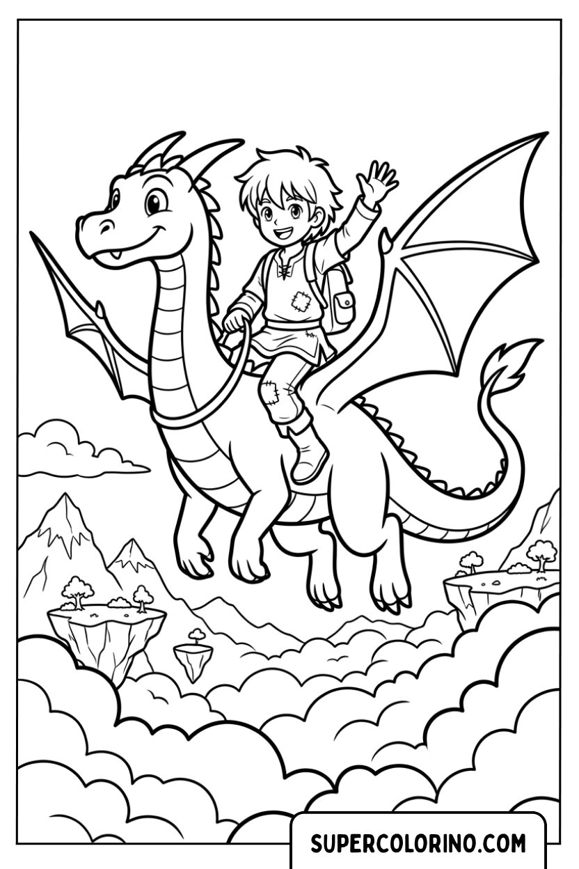 Colorare un ragazzo anime che cavalca un drago volante