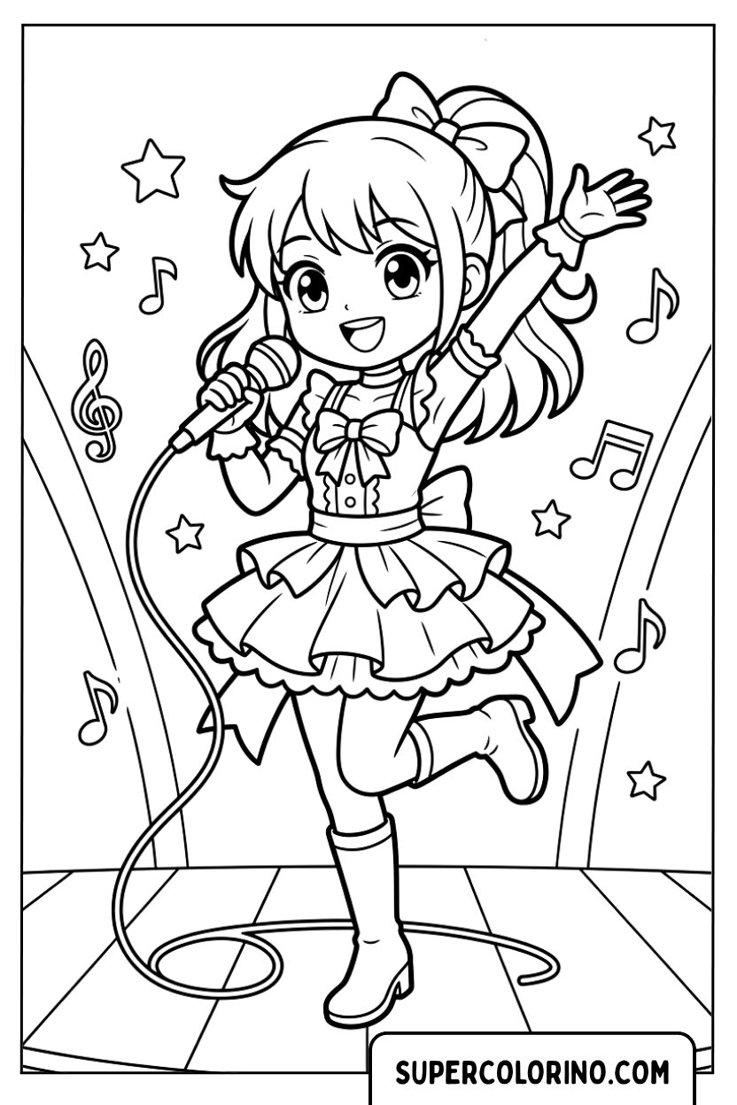 Colorare una idol manga che canta sul palco