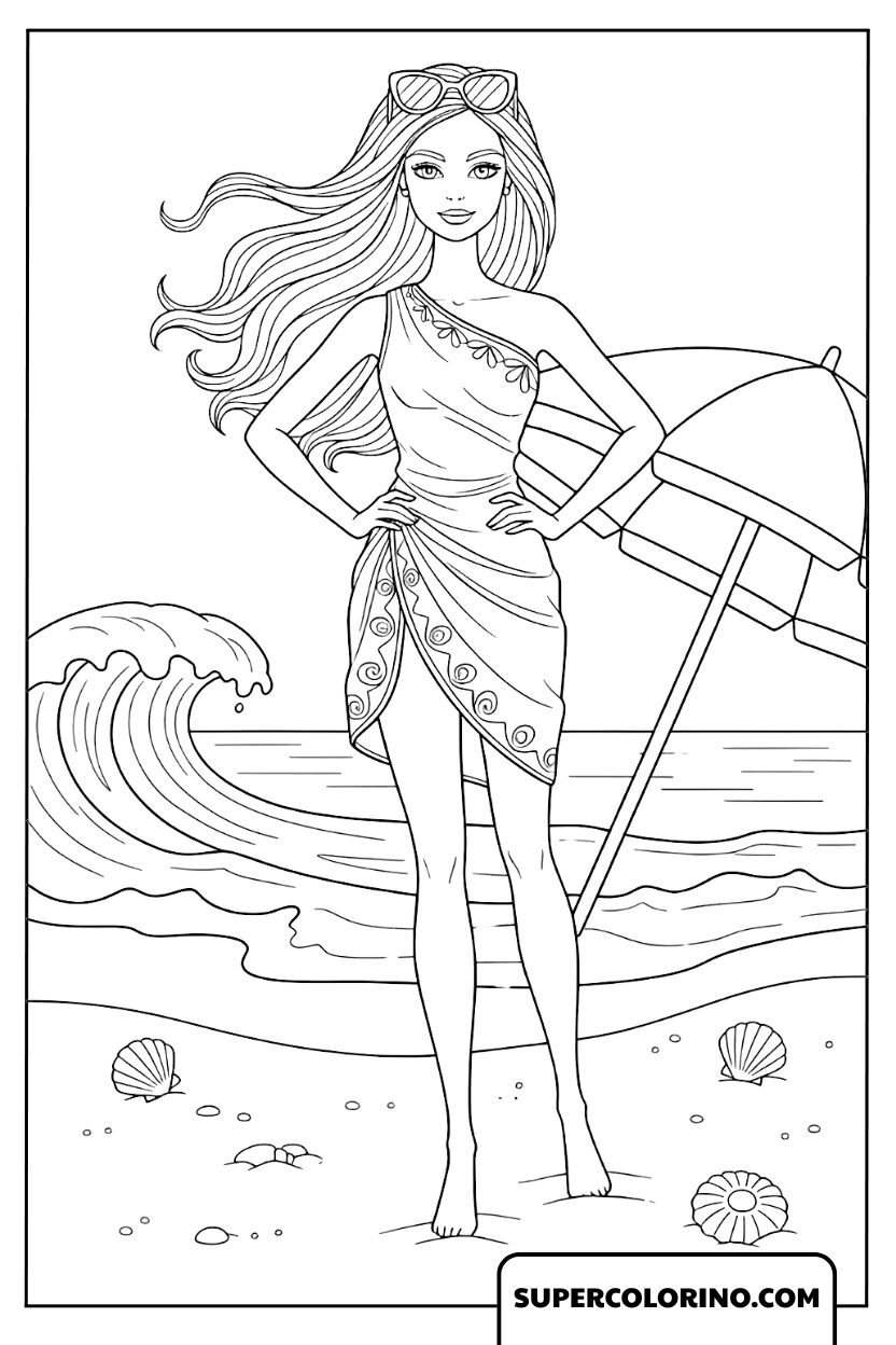 Tekeningen Barbie loopt langs de zee