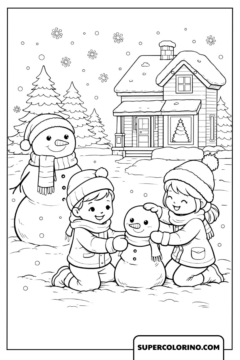 Dessins d'hiver Enfant construisant le bonhomme de neige