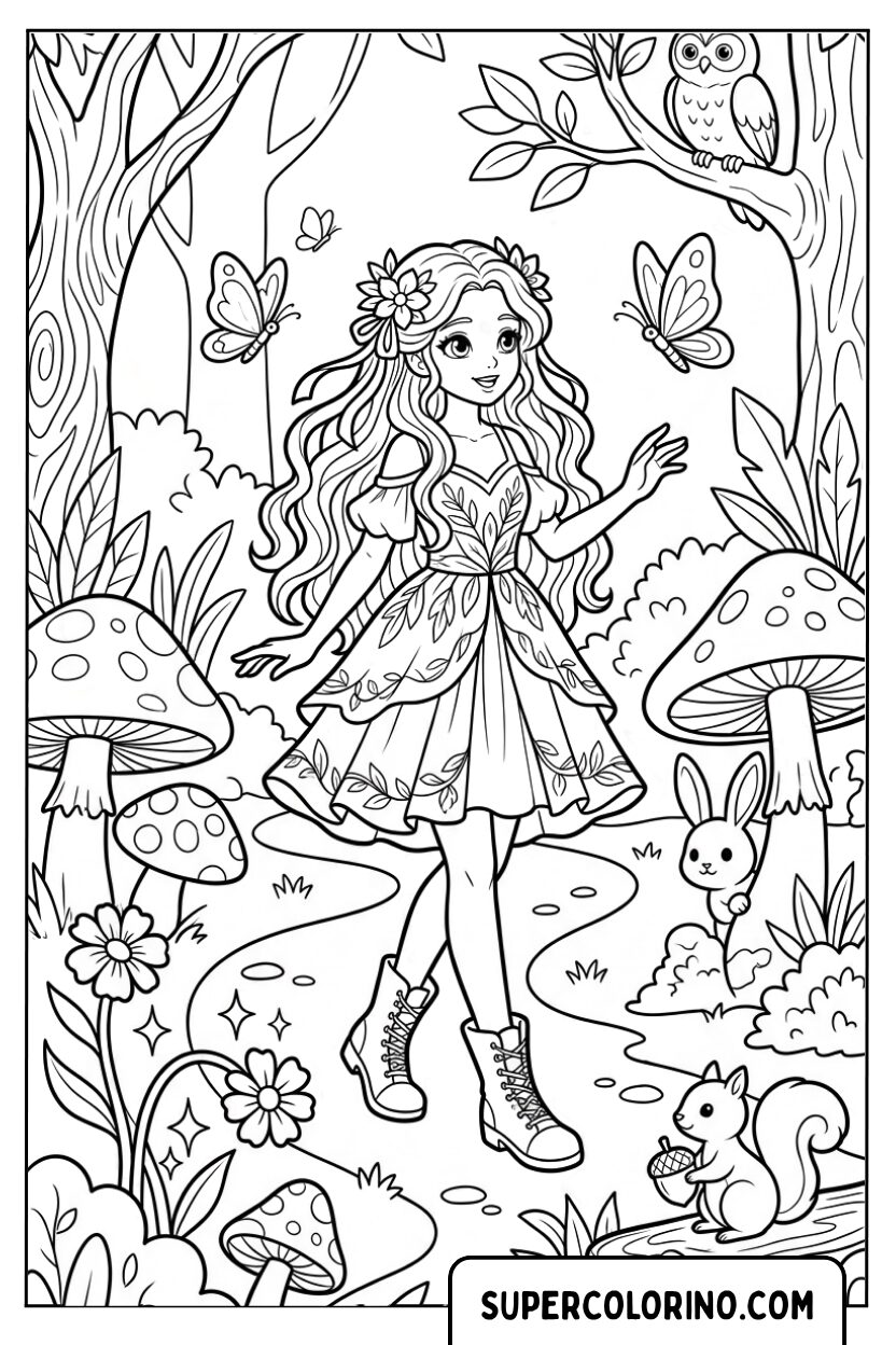 Disegni bellissimi di una fata anime nel bosco dei funghi magici