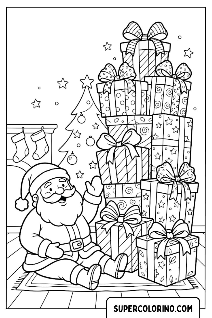 Disegni di Babbo Natale seduto vicino a una torre di regali
