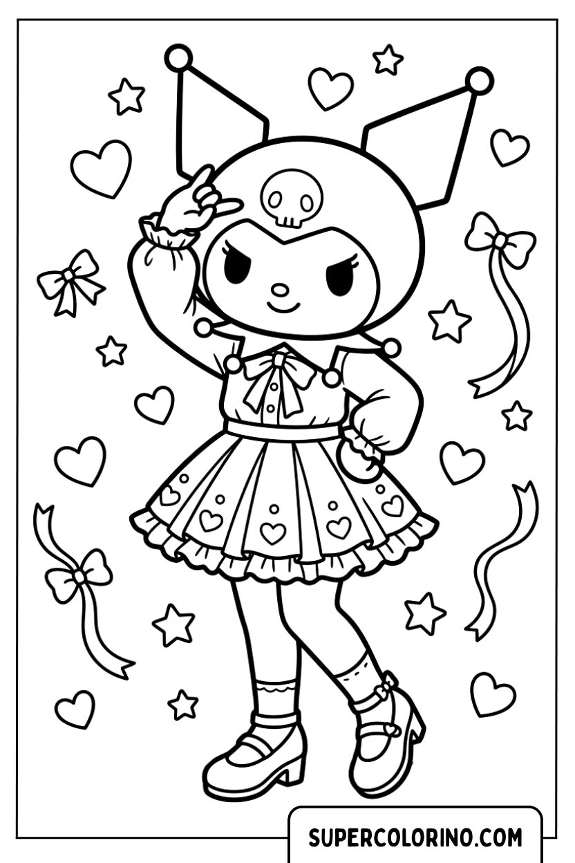 Disegni di Kuromi con un vestito pieno di cuori