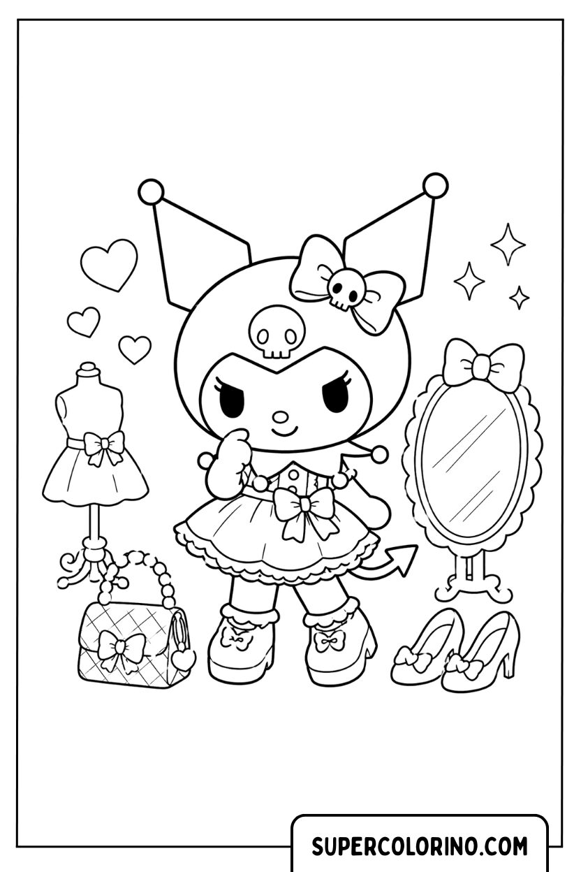 Disegni di Kuromi nella sua stanza della moda con lo specchio