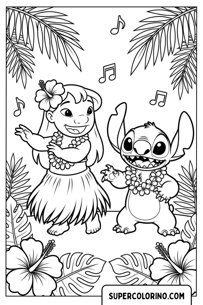 Disegni di Lilo e Stitch che ballano la hula alle Hawaii