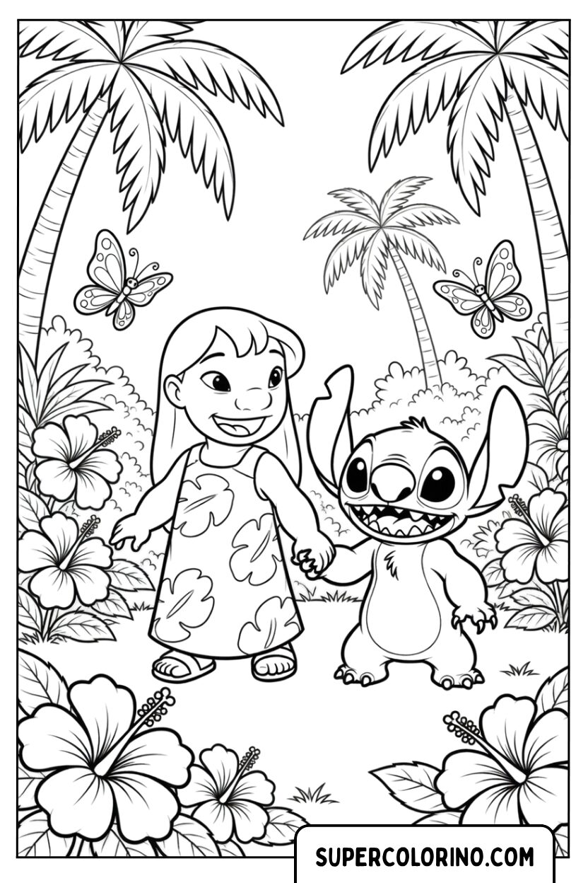 Disegni di Lilo e Stitch che camminano insieme felici