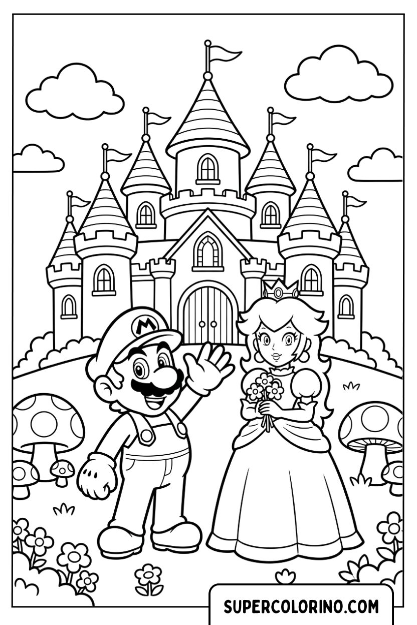 Ausmalbilder von Mario und Prinzessin Peach vor dem Schloss