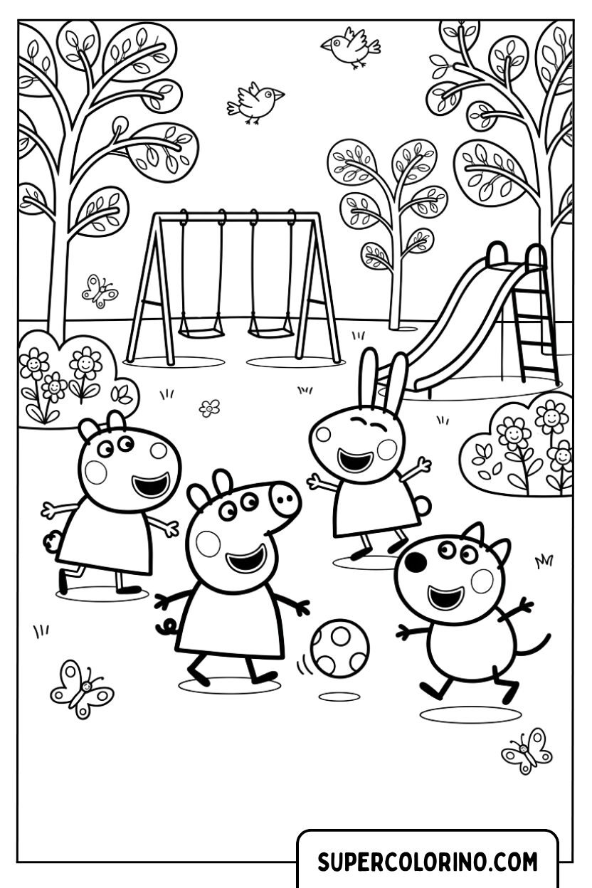 Disegni di Peppa Pig che gioca a palla con i suoi amici