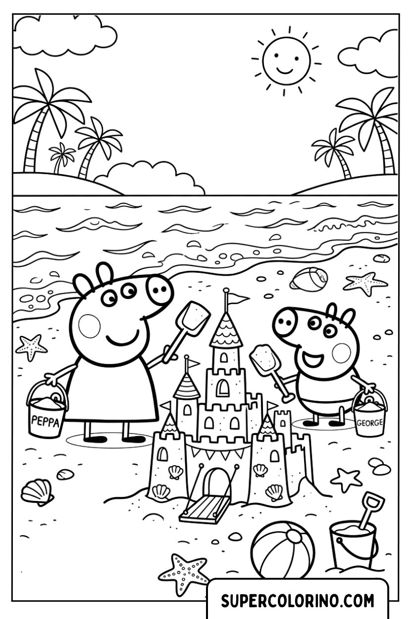 Disegni di Peppa Pig in spiaggia a fare un castello di sabbia