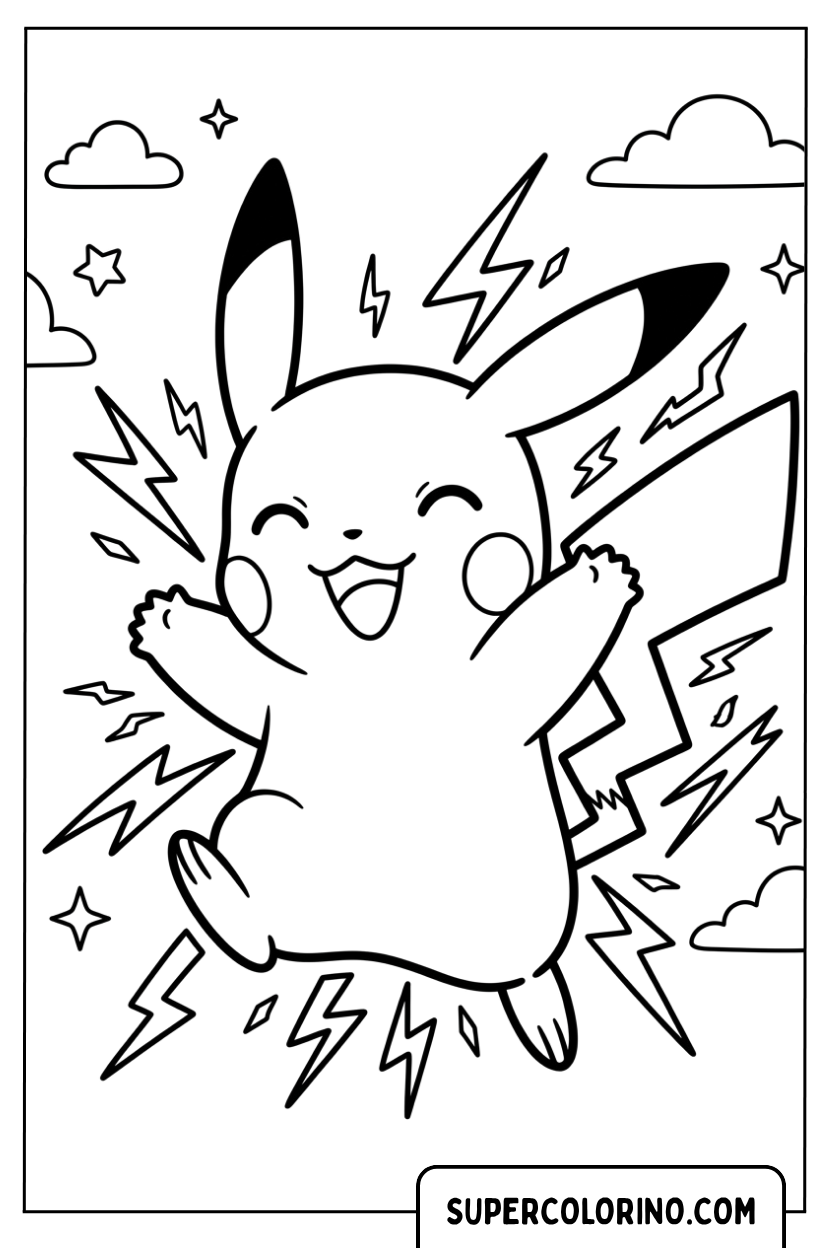Disegni di Pikachu felice che lancia attacchi elettrici