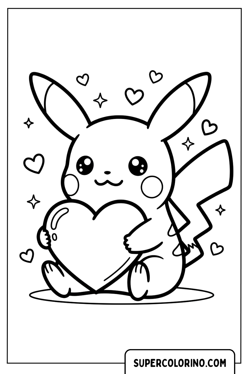 Disegni di Pikachu seduto che tiene un grande cuore