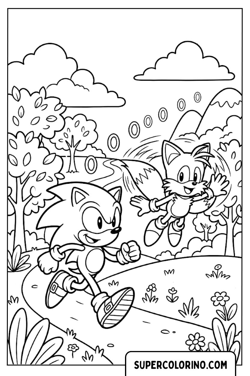 Disegni di Sonic e il suo amico Tails che corrono nel bosco