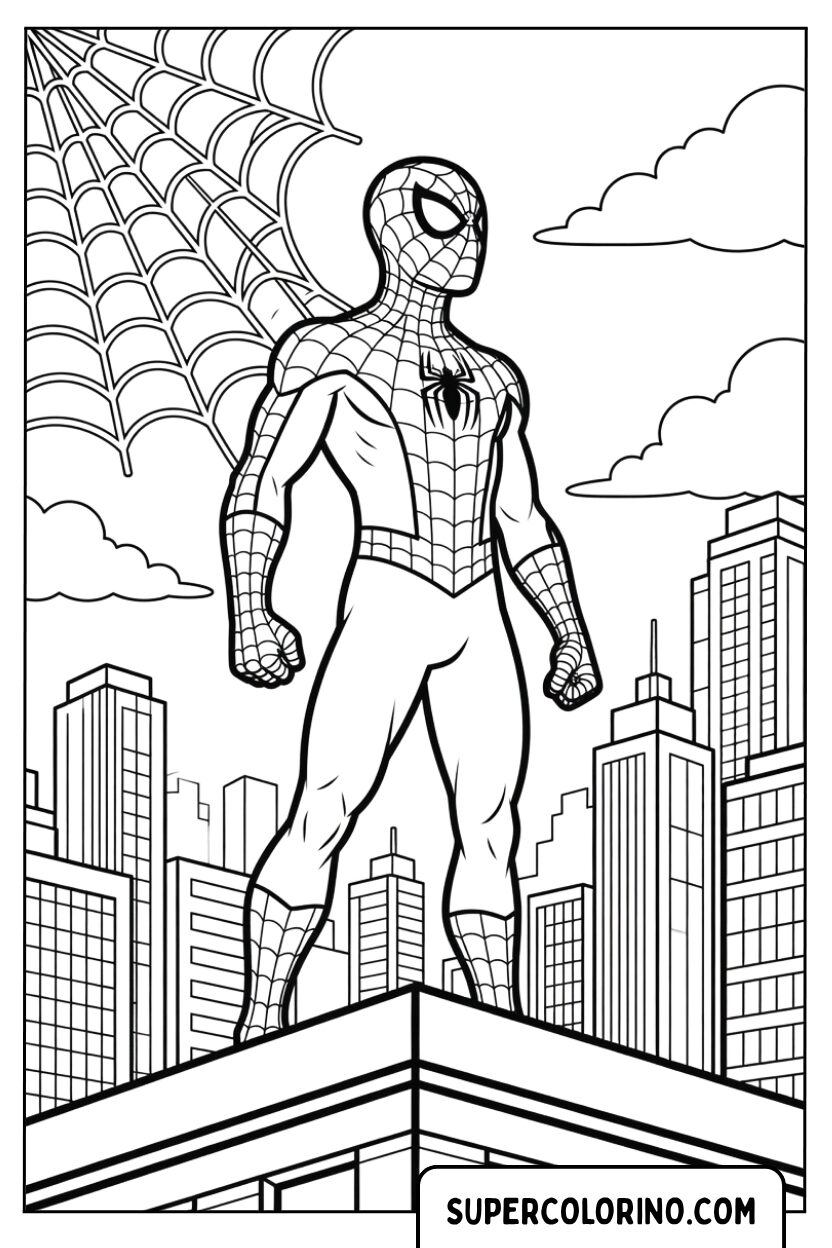 Disegni di Spiderman in piedi sul tetto di un grattacielo