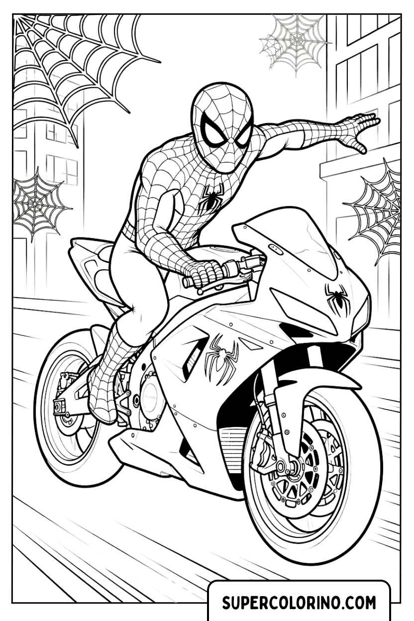 Disegni di Spiderman in sella a una moto sportiva