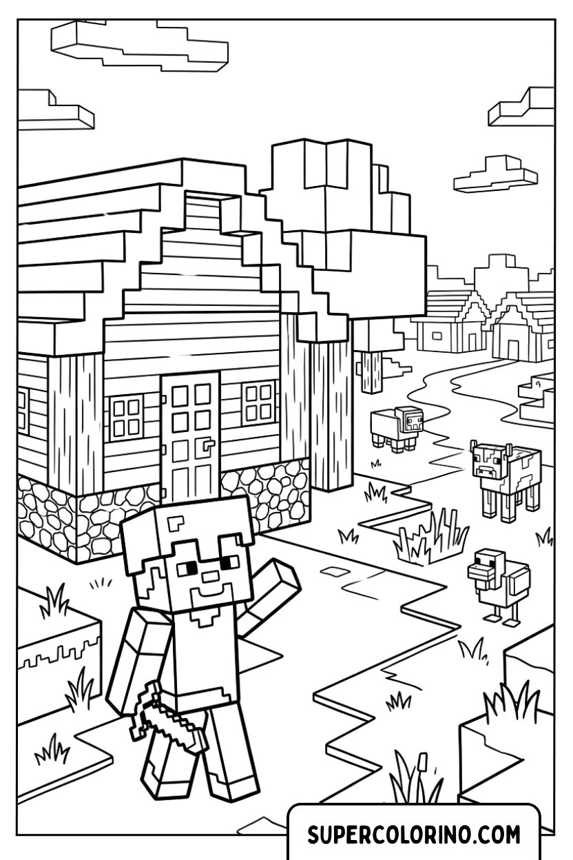 Disegni di Steve nel villaggio con gli animali di Minecraft